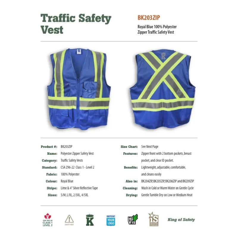 Big K Clothing® High Visibility 100% Polyester Zipper Safety Vest -Royal Blue - BK203ZIP-RB