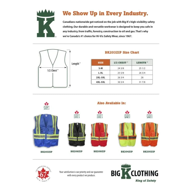 Big K Clothing® High Visibility 100% Polyester Zipper Safety Vest -Royal Blue - BK203ZIP-RB
