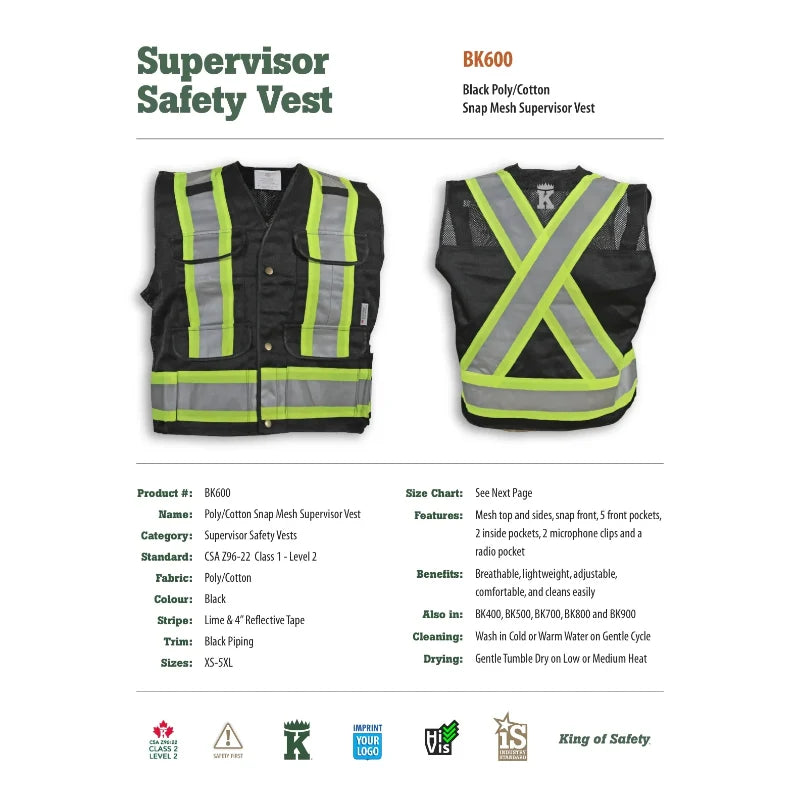 Big K Clothing® High Visibility Poly/Cotton Mesh Supervisor Safety Vest - Black - BK600