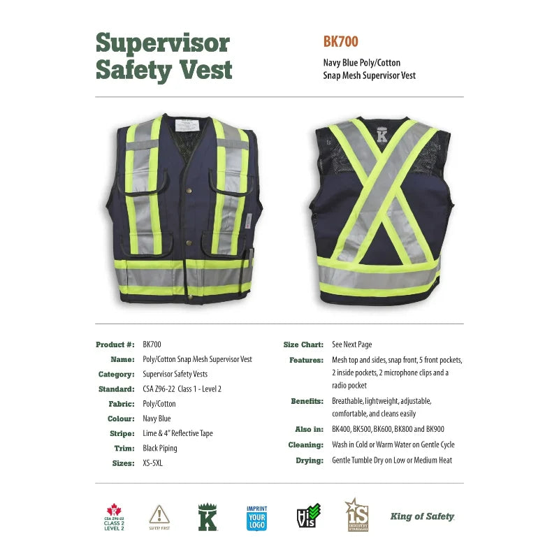 Big K Clothing® High Visibility Cotton Mesh Supervisor Safety Vest - Navy - BK700