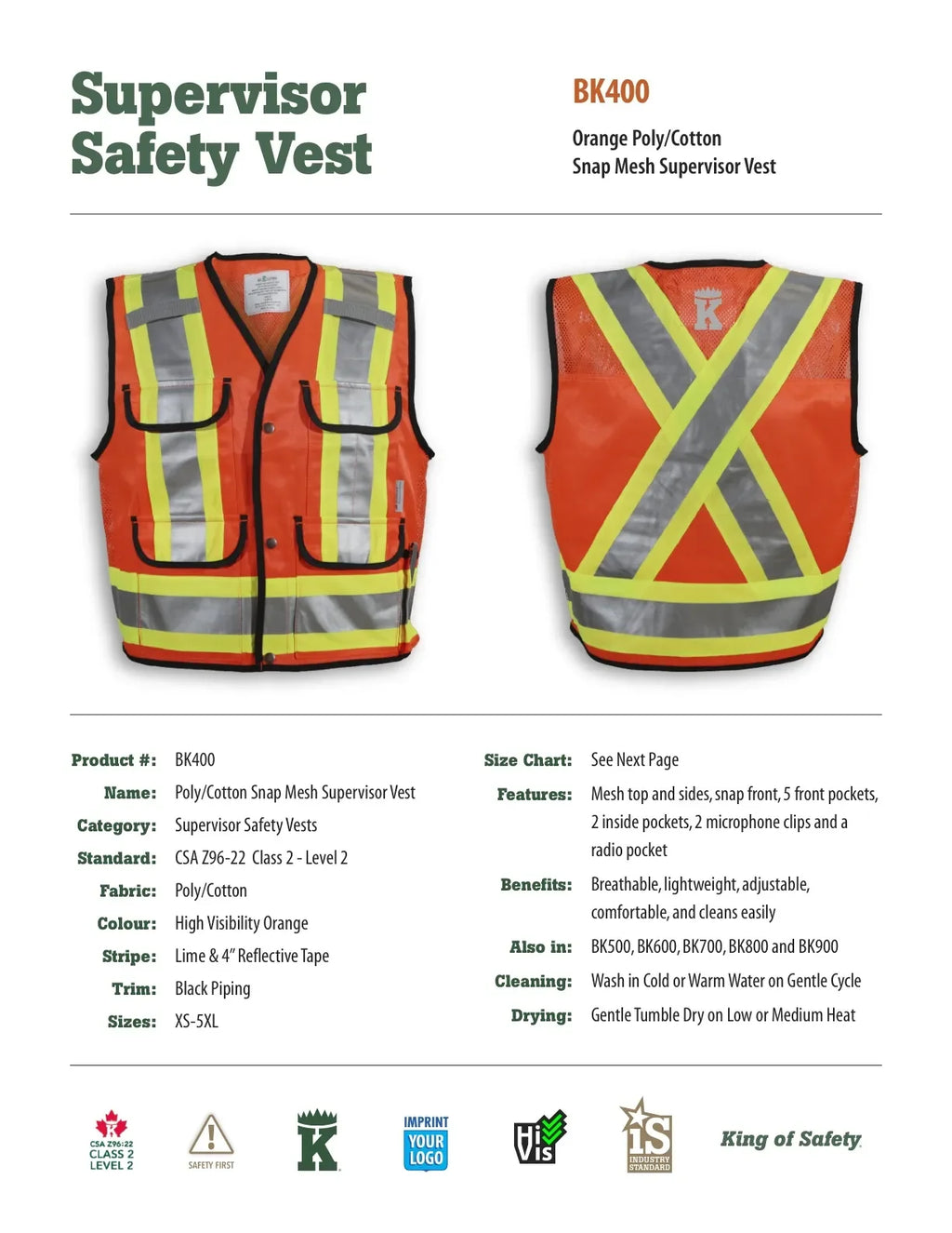 Big K Clothing® High Visibility Poly/Cotton Mesh Supervisor Safety Vest - Orange - BK400