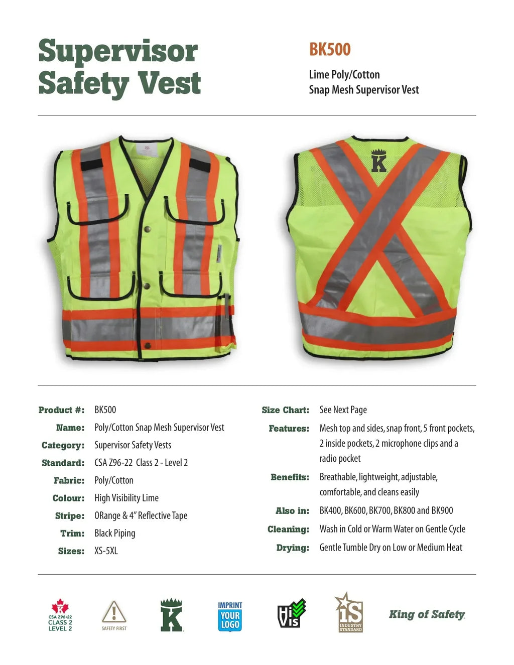 Big K Clothing® High Visibility Poly/Cotton Mesh Supervisor Safety Vest - Yellow Lime - BK500