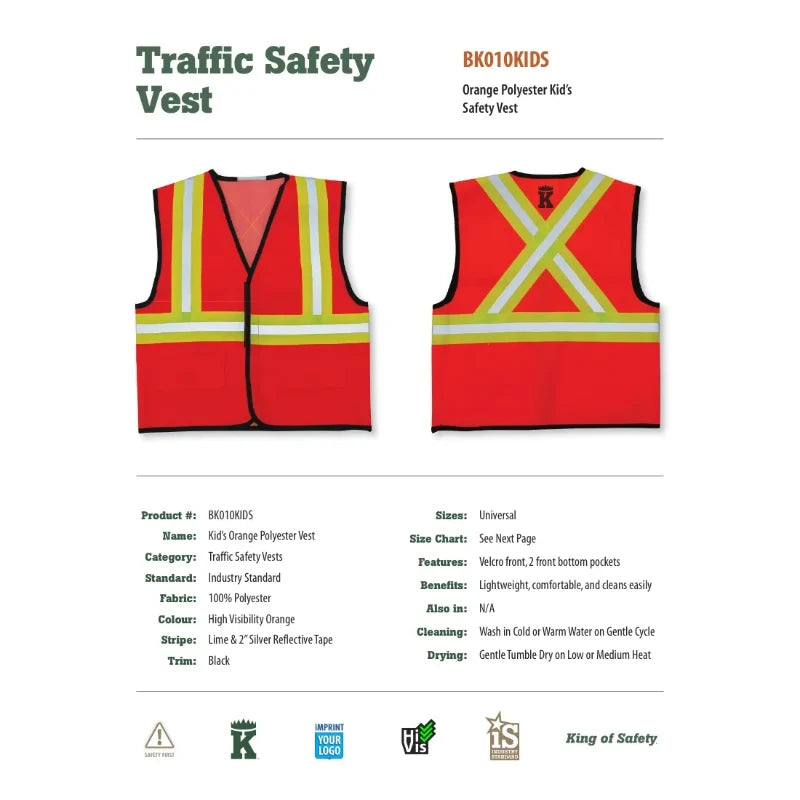 Big K Clothing® Polyester Kid’s Safety Vest - Orange - BK010KIDS