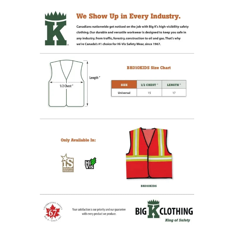 Big K Clothing® Polyester Kid’s Safety Vest - Orange - BK010KIDS