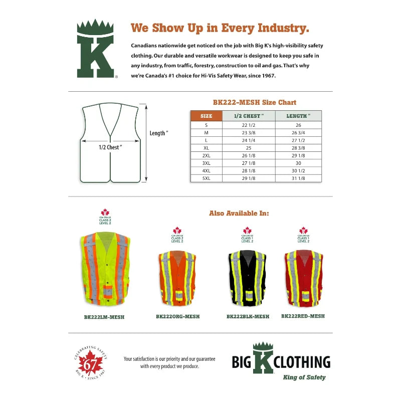 Big K Clothing® High Visibility Supervisor Safety Vest with 100% Cotton Front and Full Mesh Polyester Back - BK222Mesh
