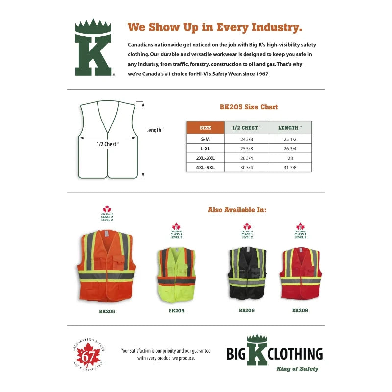 Big K Clothing® High Visibility 100% Polyester Adjustable Safety Vest - Orange - BK205