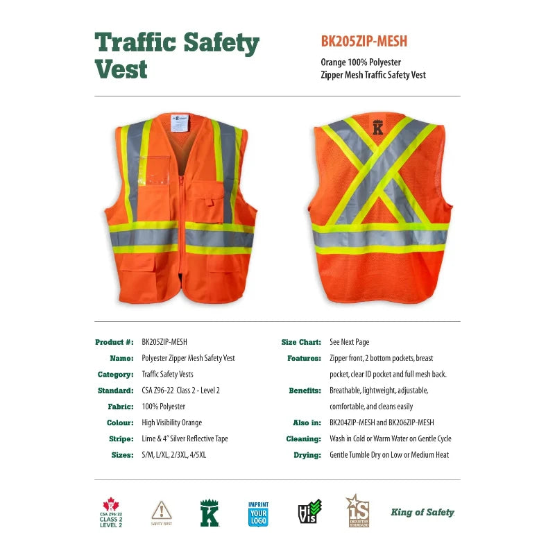 Big K Clothing® High Visibility 100% Polyester Mesh and Zipper Front Safety Vest - Orange - BK205ZIP-MESH