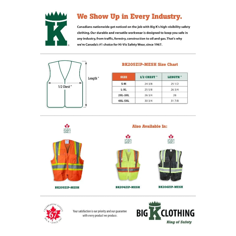 Big K Clothing® High Visibility 100% Polyester Mesh and Zipper Front Safety Vest - Orange - BK205ZIP-MESH
