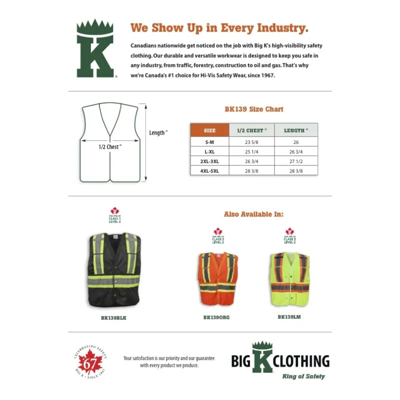 Big K Clothing® High Visibility 100% Polyester Snap Safety Vest - BK139