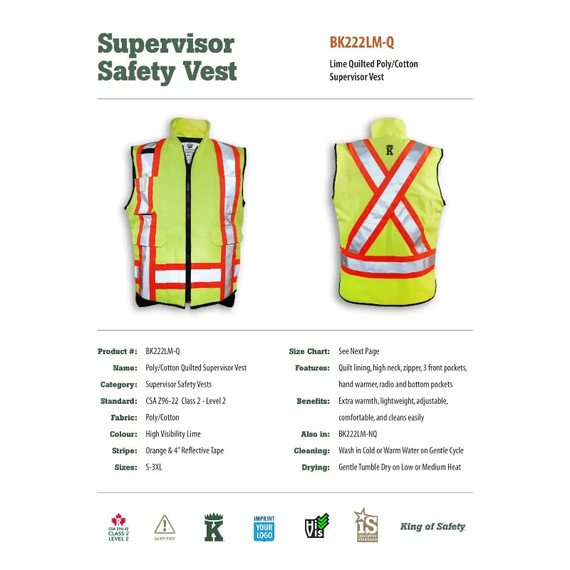 Big K Clothing® High Visibility Quilted Poly/Cotton Supervisor Safety Vest - Lime Green - BK222LM-Q