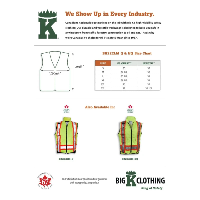 Big K Clothing® High Visibility Quilted Poly/Cotton Supervisor Safety Vest - Lime Green - BK222LM-Q