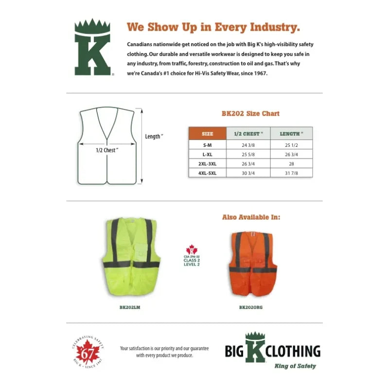 Big K Clothing® High Visibility 100% Polyester Zipper Front Safety Vest - BK202