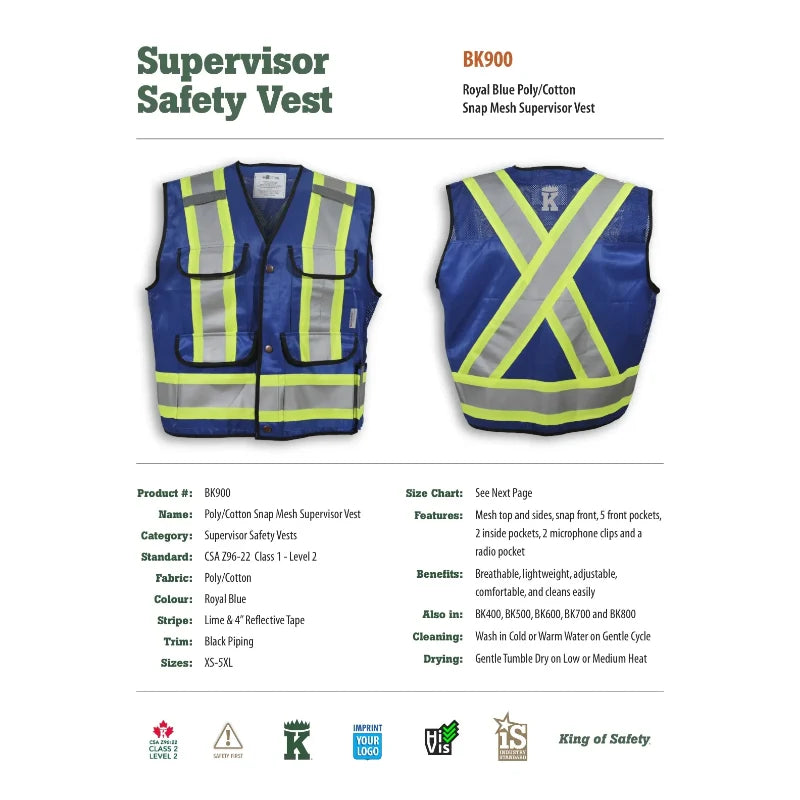 Big K Clothing® High Visibility Poly/Cotton Mesh Supervisor Safety Vest - Royal Blue - BK900