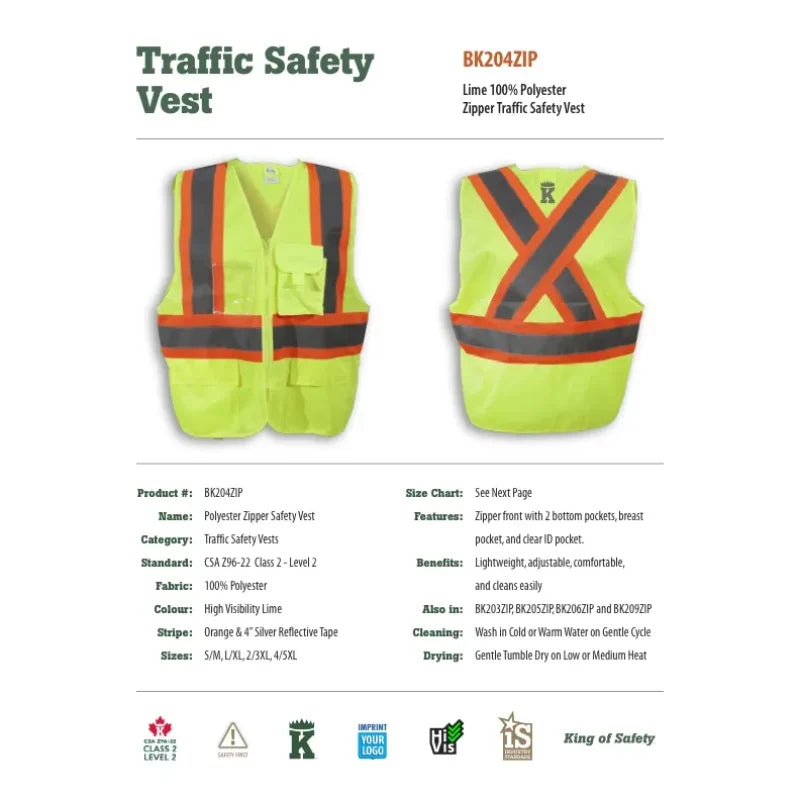 Big K Clothing® High Visibility 100% Polyester Zipper Front Safety Vest - Yellow Lime - BK204ZIP