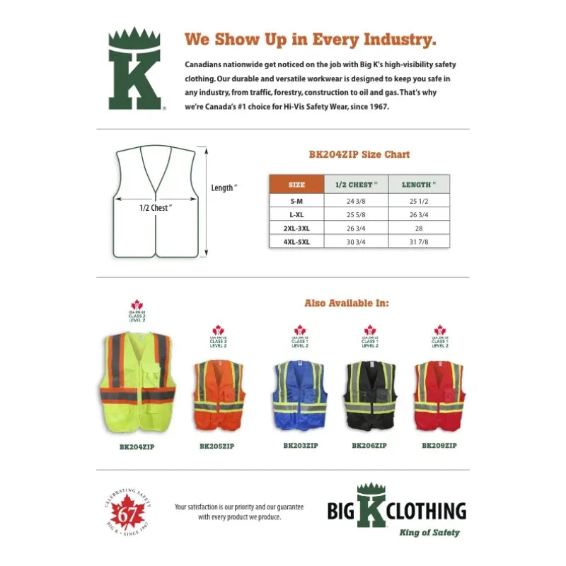 Big K Clothing® High Visibility 100% Polyester Zipper Front Safety Vest - Yellow Lime - BK204ZIP