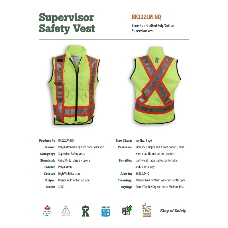 Big K Clothing® High Visibility Non Quilted Poly/Cotton Supervisor Safety Vest - Lime - BK222LM-NQ