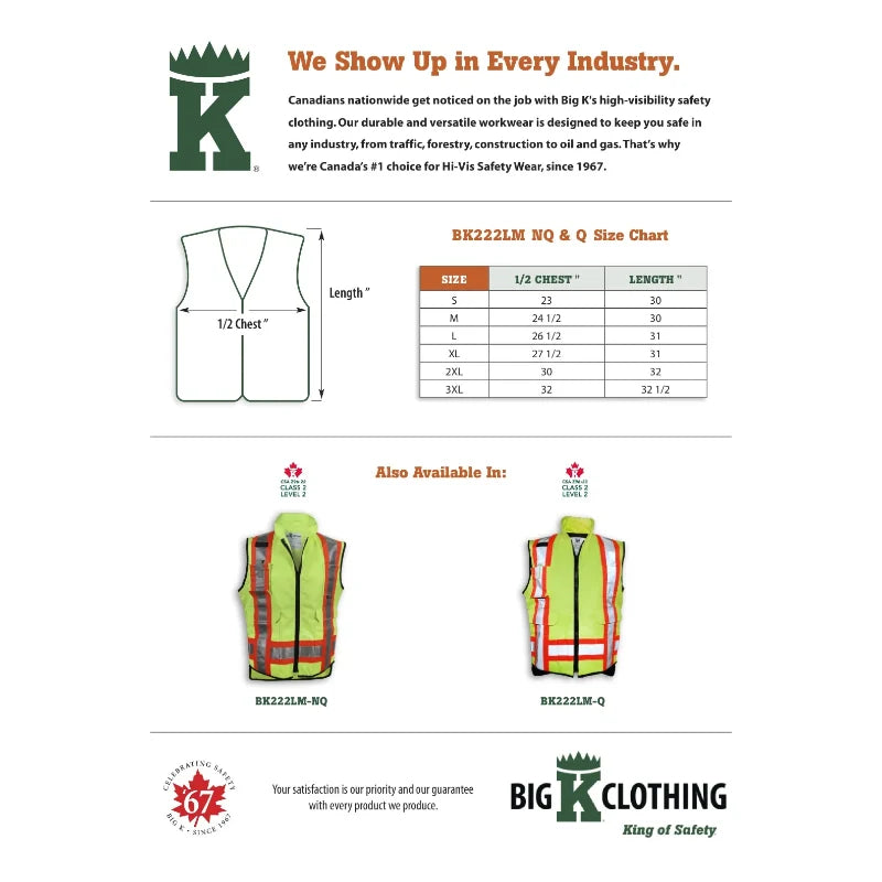 Big K Clothing® High Visibility Non Quilted Poly/Cotton Supervisor Safety Vest - Lime - BK222LM-NQ