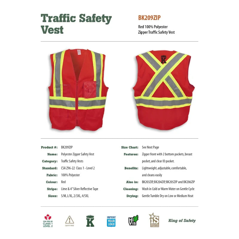 Big K Clothing® High Visibility 100% Polyester Zipper Front Safety Vest - Red - BK209ZIP