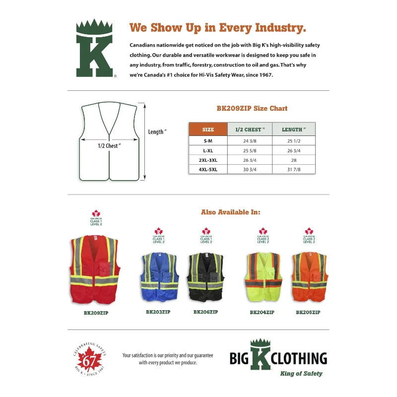 Big K Clothing® High Visibility 100% Polyester Zipper Front Safety Vest - Red - BK209ZIP