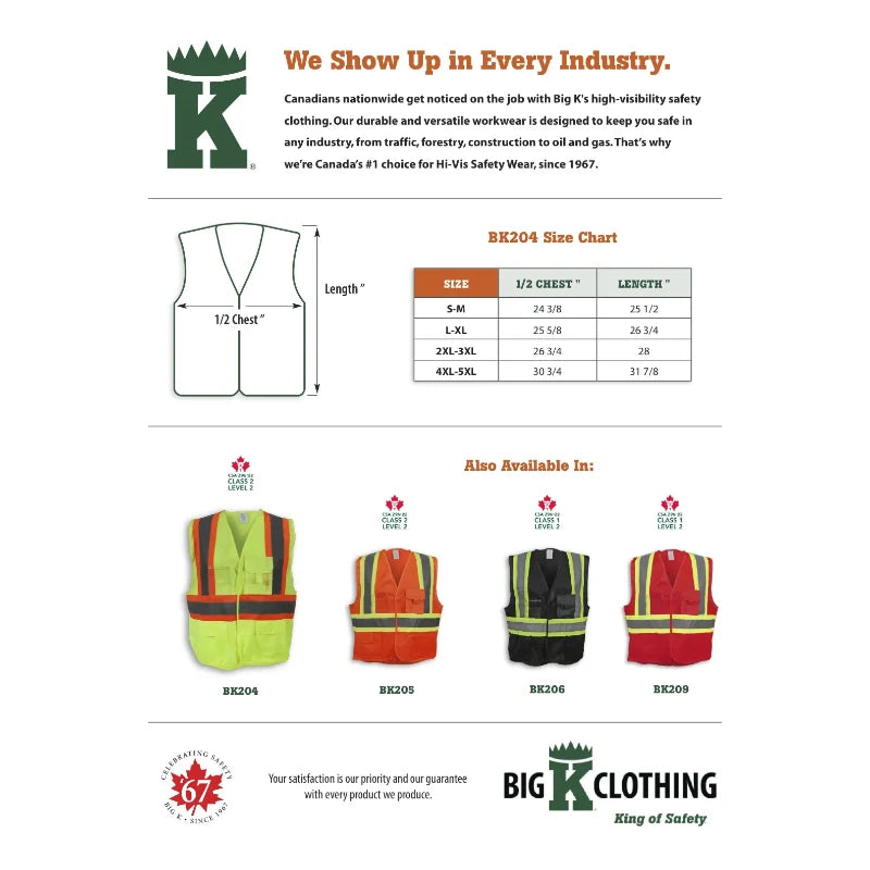 Big K Clothing® High Visibility 100% Polyester Adjustable Safety Vest - Yellow Lime - BK204