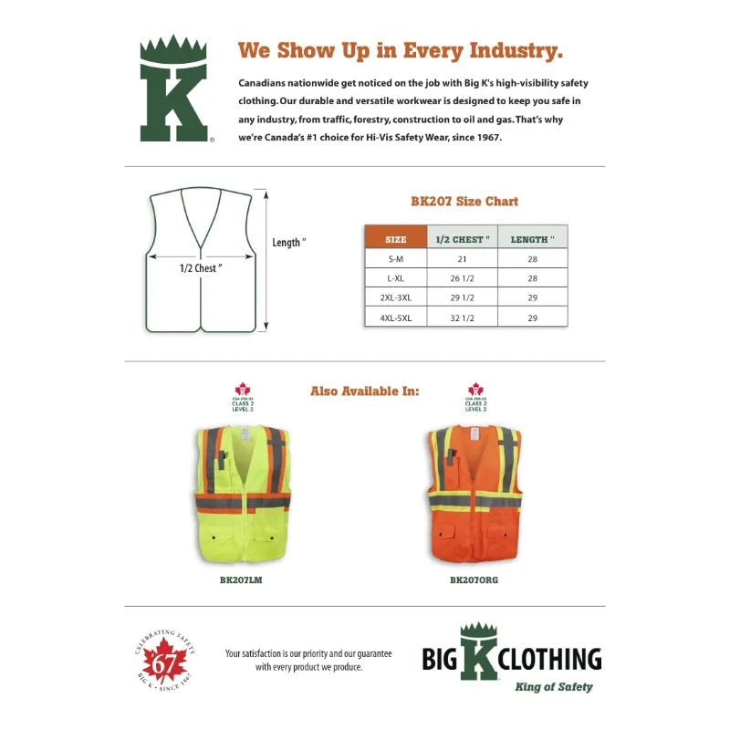 Big K Clothing® High Visibility 100% Polyester Lightweight Zipper Front Safety Vest - BK207