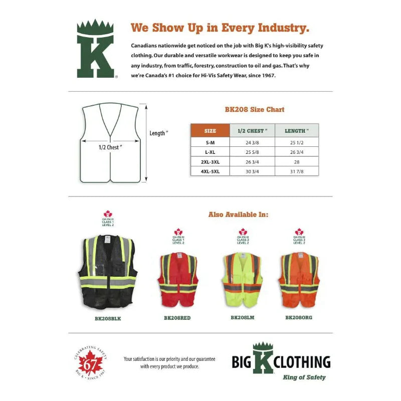 Big K Clothing® High Visibility 100% Polyester Mesh Extra Breathable Safety Vest with Zipper Front - BK208