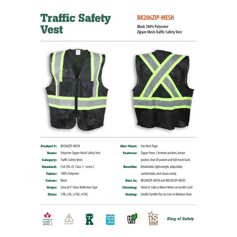 Big K Clothing® High Visibility 100% Polyester Mesh and Zipper Front Safety Vest - Black - BK206ZIP-MESH