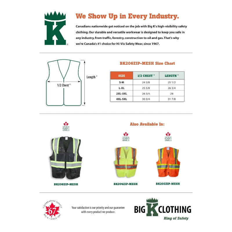 Big K Clothing® High Visibility 100% Polyester Mesh and Zipper Front Safety Vest - Black - BK206ZIP-MESH