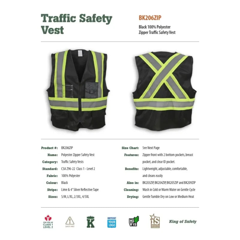 Big K Clothing® High Visibility 100% Polyester Zipper Front Safety Vest - Black - BK206ZIP