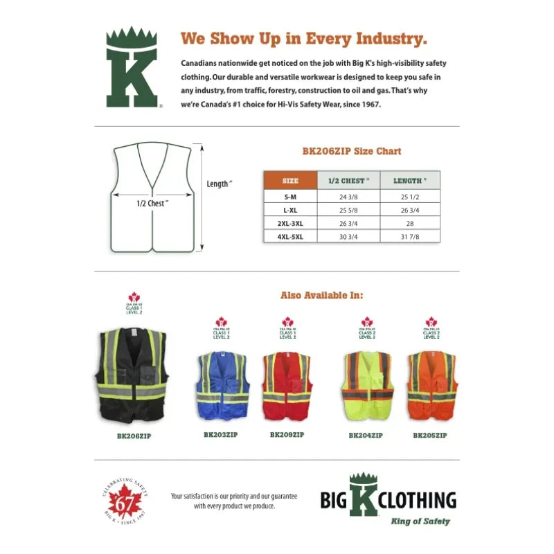 Big K Clothing® High Visibility 100% Polyester Zipper Front Safety Vest - Black - BK206ZIP