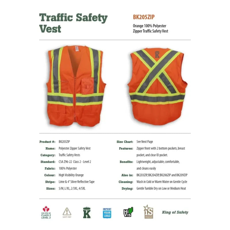 Big K Clothing® High Visibility 100% Polyester Zipper Front Safety Vest - Orange - BK205ZIP