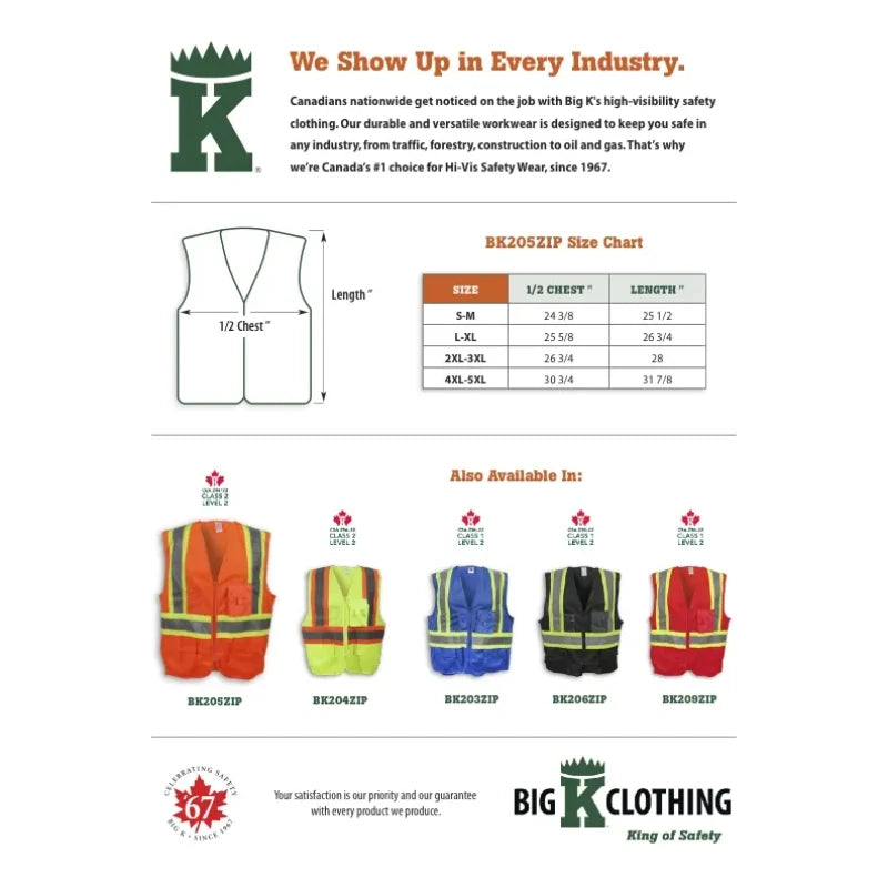 Big K Clothing® High Visibility 100% Polyester Zipper Front Safety Vest - Orange - BK205ZIP