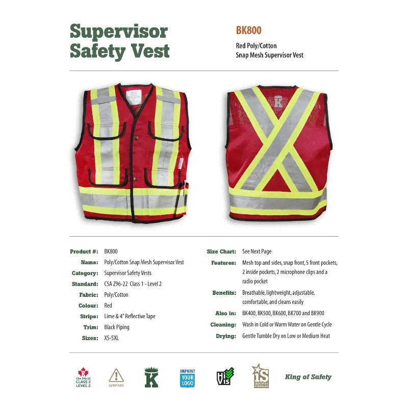 Big K Clothing® High Visibility Poly/Cotton Mesh Supervisor Safety Vest - Red - BK800