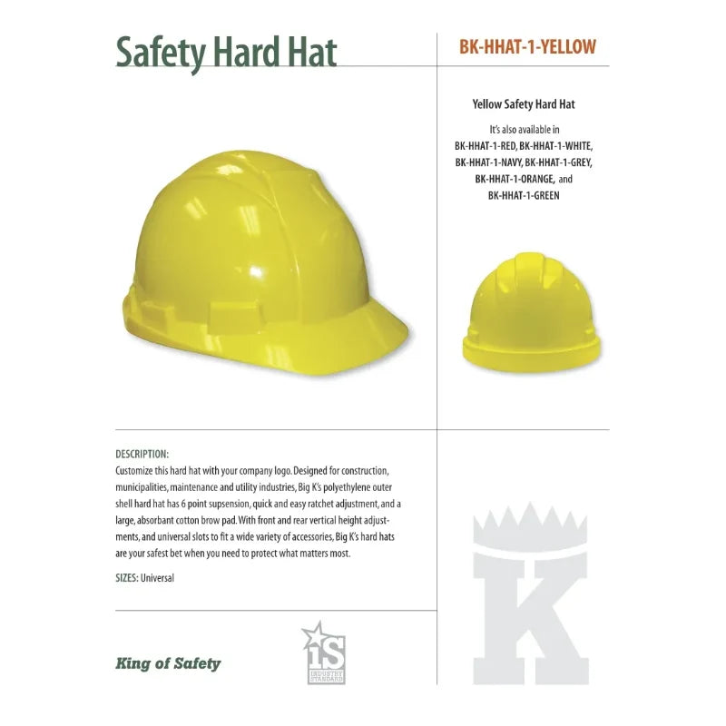 Big K Clothing® Safety Hard Hat - 6 Point Suspension - BKHHAT-1