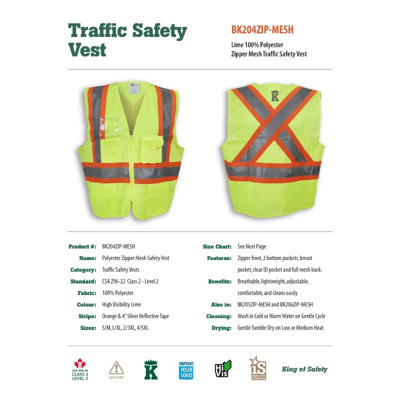 Big K Clothing® High Visibility 100% Polyester Mesh and Zipper Front Safety Vest - Lime - BK204ZIP-MESH
