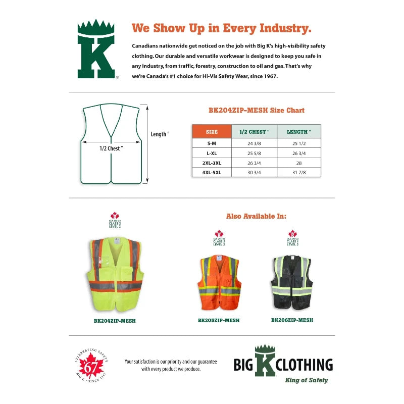 Big K Clothing® High Visibility 100% Polyester Mesh and Zipper Front Safety Vest - Lime - BK204ZIP-MESH