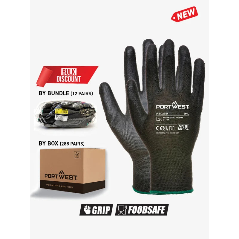 Portwest® Grip 13 PU Palm Safety Glove Essential Full Box - 288 Pairs - AB129