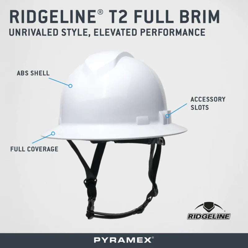 Pyramex® Ridgeline T2 Full Brim Hard Hat - 6-Point Ratchet Suspension - HPT256