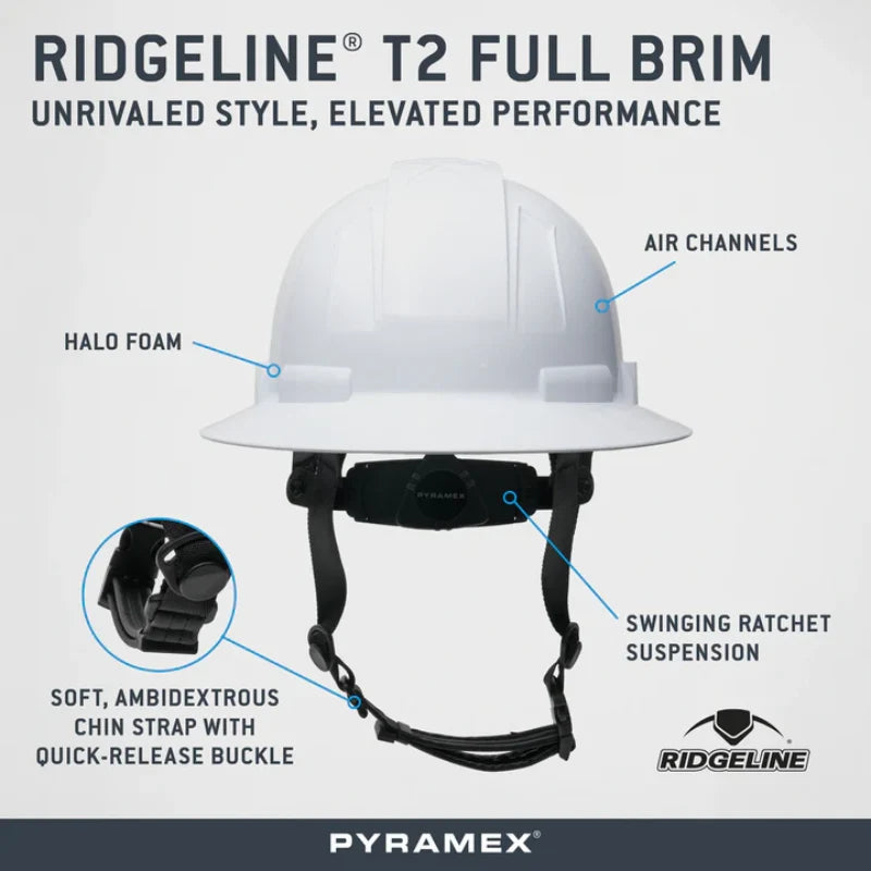 Pyramex® Ridgeline T2 Full Brim Hard Hat - 6-Point Ratchet Suspension - HPT256