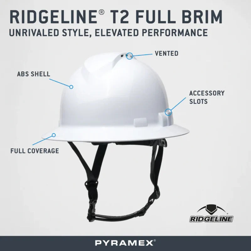 Pyramex® Ridgeline T2 Full Brim Hard Hat - 6-Point Ratchet Suspension - Vented -  HPT256