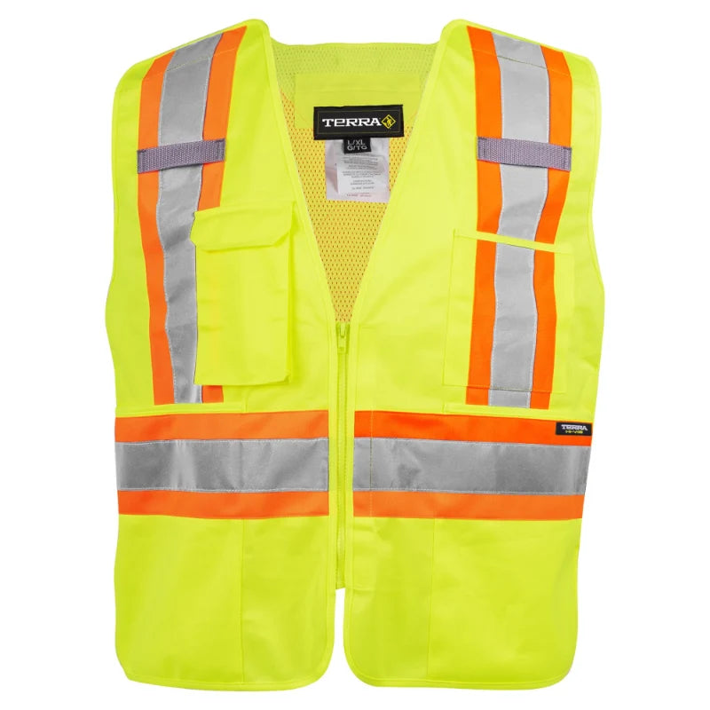 Terra® Hi-Vis 5 Point Tear Away Polyester Safety Vest With Zipper - CSA Class 2 Level 2 - 116585
